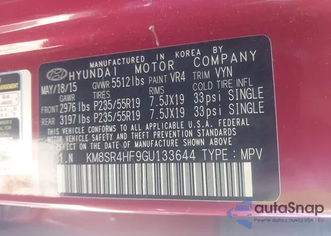 2016 Hyundai Santa Fe Limited из США, поврежденный, VIN KM8SR4HF9GU133644